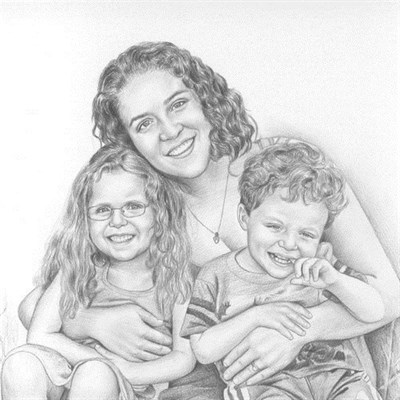 Hand Drawn Pencil Portrait of A Young Mom and Her Two Little Children,by myDaVinci - myDaVinci